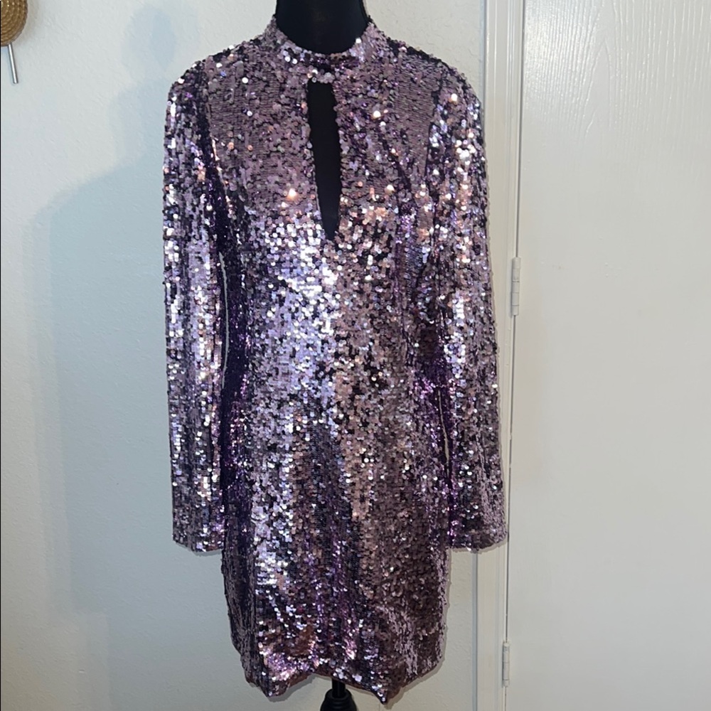 Parker Purple Sequin Bodycon Dress for Night Out. Measures 16 inches waist